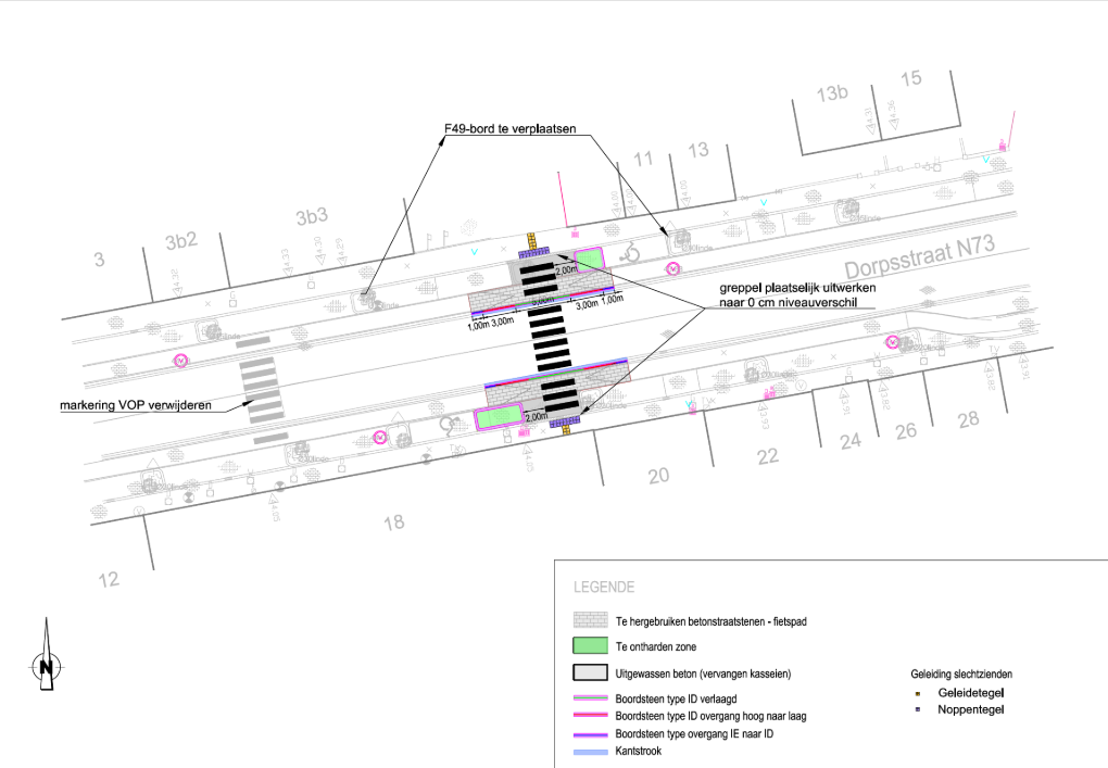 Plattegrond van een straat met fietspad, zebrapaden en aanwijzingen voor verplaatsing van bord en markeringen.